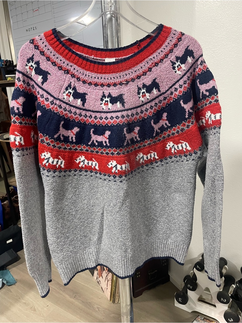 Holiday Time Grey Crewneck Sweater with Navy, Red & Pink Fair Isle Dogs